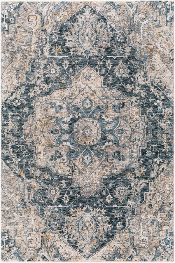 Livabliss Cardiff Machine Woven Polyester Area Rug with Fringe Border for Living Dining Rooms Deep Teal, Blue 5' x 7'5" CDF2307-575