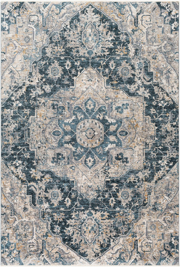 Livabliss Cardiff Machine Woven Polyester Area Rug with Fringe Border for Living Dining Rooms Deep Teal, Blue 6'7" x 9'6" CDF2307-6796