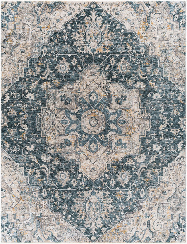 Livabliss Cardiff Machine Woven Polyester Area Rug with Fringe Border for Living Dining Rooms Deep Teal, Blue 7'10" x 10'2" CDF2307-710103
