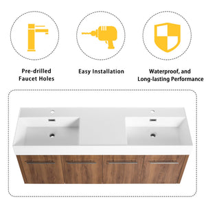 English Elm 60 Inch Wall-Mounted Bathroom Vanity With Double Resin Sink, Modern Design & Ample Storage Space W999S00250