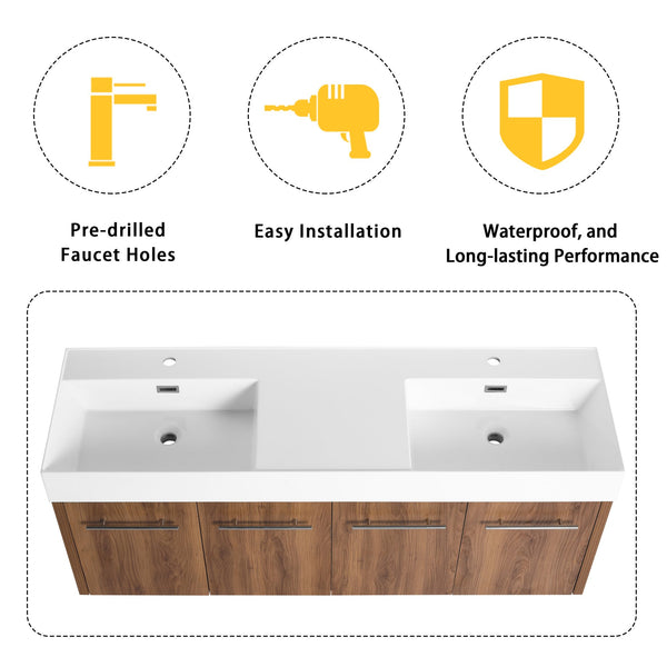 English Elm 60 Inch Wall-Mounted Bathroom Vanity With Double Resin Sink, Modern Design & Ample Storage Space W999S00250