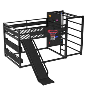 English Elm Twin Metal Loft Bed with Slide Basketball Hoop Climbing Wall and Built-in Shelves W1580S00343