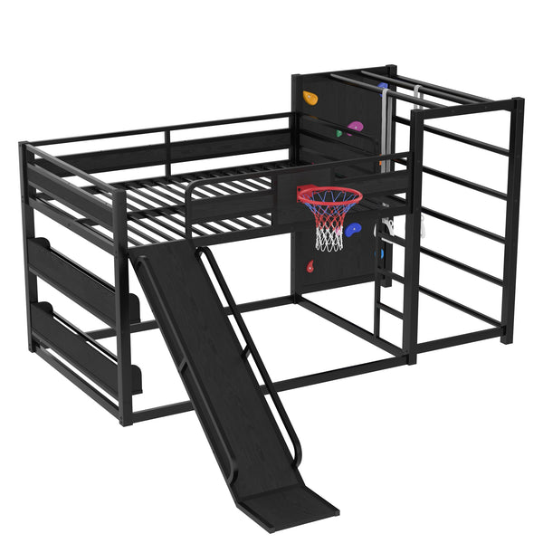 English Elm Twin Metal Loft Bed with Slide Basketball Hoop Climbing Wall and Built-in Shelves W1580S00343