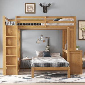 English Elm Queen Over Twin Bunk Bed With Built-In Desk, Storage, And Dismountable Lower Bed - Natural Wood W1580S00216-GIGA