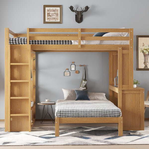 English Elm Queen Over Twin Bunk Bed With Built-In Desk, Storage, And Dismountable Lower Bed - Natural Wood W1580S00216-GIGA