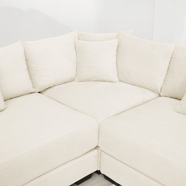 English Elm 130" Oversized Modular L-Shape Sectional Couch In Cream, Luxurious Corduroy, Ergonomic With Ottoman & 9 Pillows W714S01288