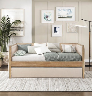 English Elm 1pc Boucle Tufted Daybed with Trundle Natural Wood Frame Transitional Guest Room B011S02099