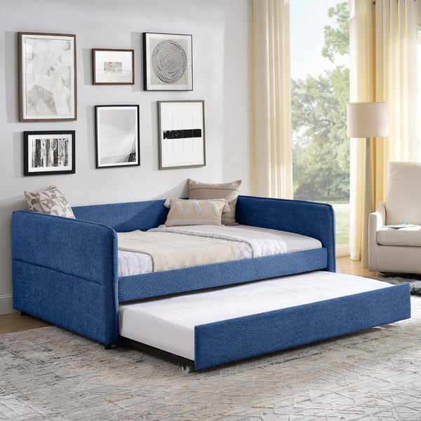 English Elm Full Size Boucle Daybed with Pop up Trundle Tufted Upholstered Sofa Sleeping Blue W1413S00176