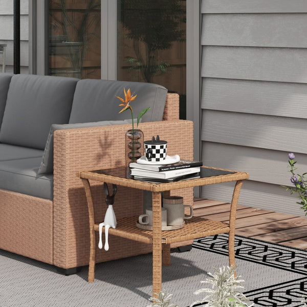 English Elm Outsunny Rattan Side Table - Stylish Outdoor Coffee Table With Storage Shelf & Glass Top, Sand W2225P200703-GIGA