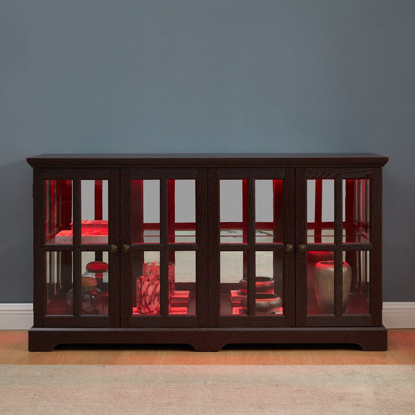 English Elm Led Curio Display Cabinet - Antique Cherry 4-Door Showcase With Adjustable Shelves & Colorful Lighting W2275P231691
