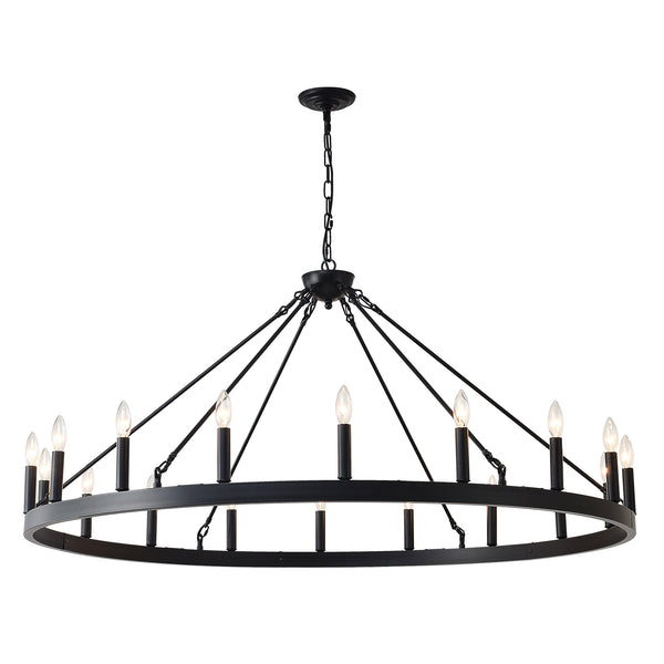 English Elm 53.15 Inch Wagon Wheel Chandelier Matte Black 18 Light Farmhouse Industrial Large Room W5008P389053