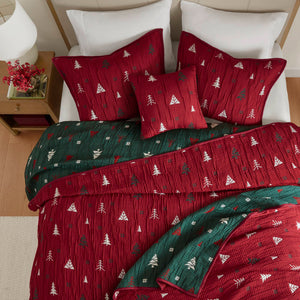 JLA Home Madison Park - Throw Reversible Christmas Trees & Snowflakes Jacquard Throw Set in Red/Green Matelassé, OEKO-TEX Certified Cozy MP50-8814