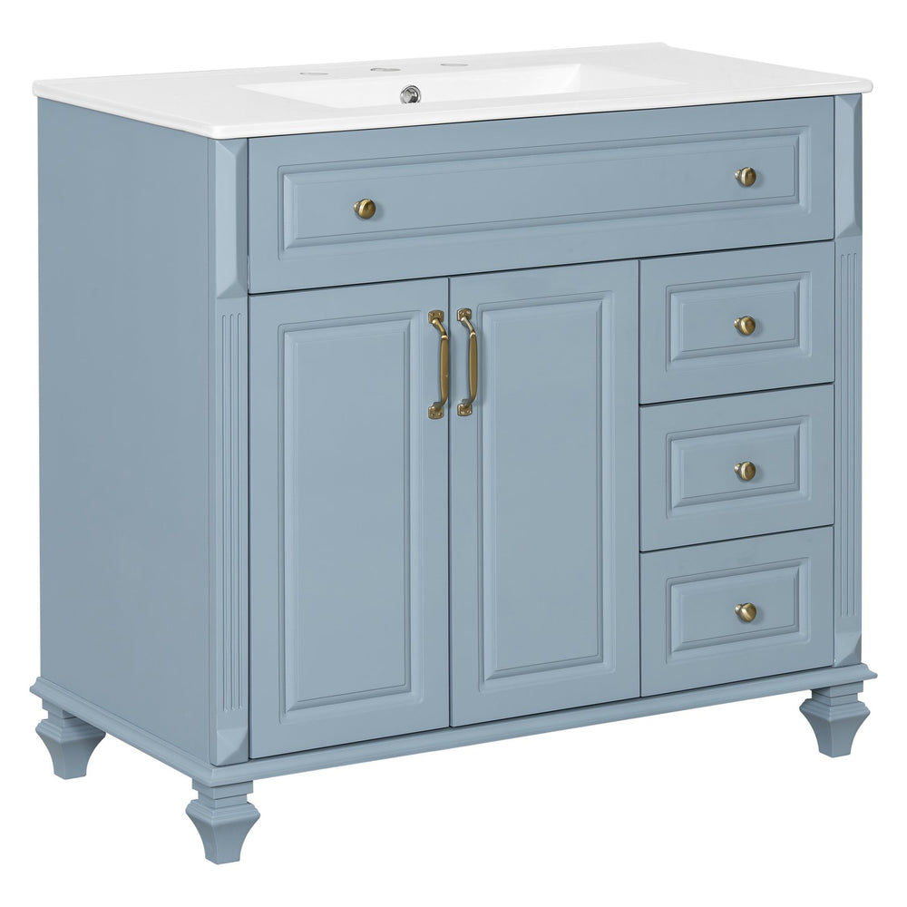 English Elm 36" Bathroom Vanity - Modern Blue Grey Solid Wood Cabinet With Elegant Gold Handles & Ample Storage N725P356069E
