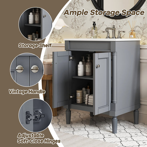 English Elm 24'' Modern Bathroom Vanity with Ceramic Basin, Solid Wood Frame, Soft-Close Doors, Ample Storage Grey N710P190503E