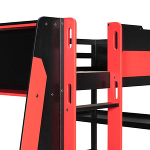 English Elm Full Size Gaming Loft Bed with Led Lighting Desk Shelves and Usb Charging Ports Black+Red N820S00076J