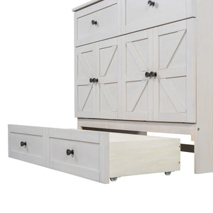 English Elm Full Size Murphy Bed Rattan Cabinet with Storage Drawers and Gold Hardware N708S00005AAK