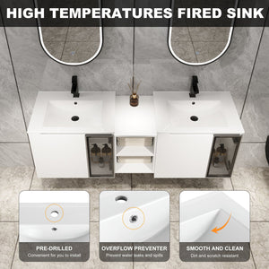 English Elm 60" Floating Double Sink Bathroom Vanity Glossy White Plywood with Frosted Glass Doors W999S00532