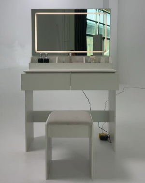 English Elm 31" X 20" Led Vanity Table Set with Cushioned Stool Touch Lighting Small Space White W3258P453340