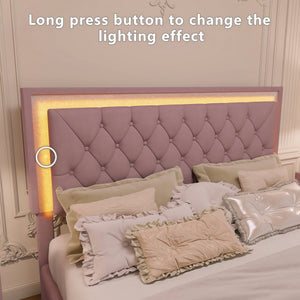 English Elm Queen Velvet Upholstered Bed Frame with LED Ambiance, Tufted Headboard, Sturdy Slat Support Pink 63.98 L x 23.23 W x 5.91 H N733P183657H