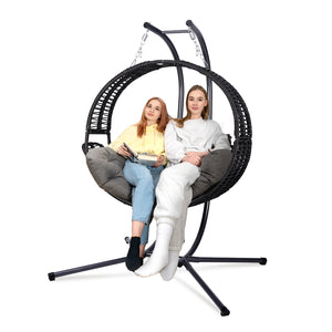 English Elm Double Hanging Egg Chair with Stand, Oversized 2-Person Rattan Swing, Convertible Recline, 700lb Capacity W2500P288856