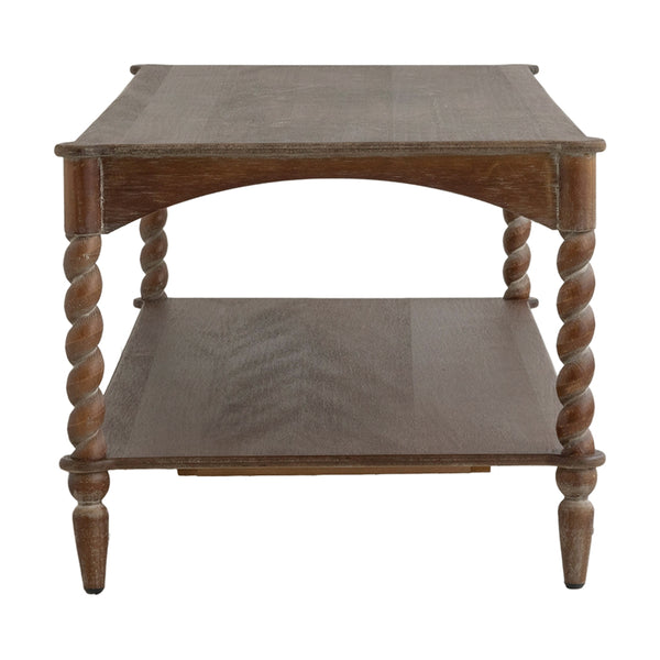 English Elm 47x22x18.5" Rustic Wood Coffee Table with Spiral Turned Legs and Open Storage Shelf W2078P460492