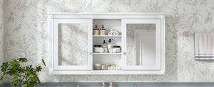 English Elm 55 Inch Wall Mount Medicine Cabinet Dual Mirrored Doors Soft Close Bathroom Vanity Storage White N710P401342K