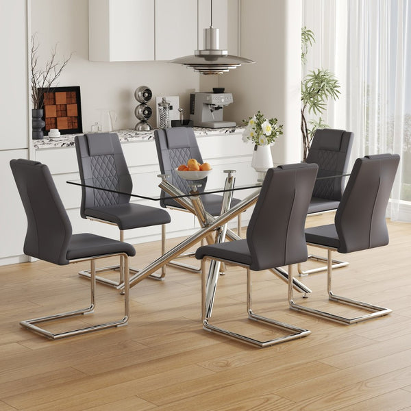English Elm Table - Modern Luxurious Transparent Glass Dining Set With 6 Dark Gray Pu Chairs & Silver Legs W1151S04130-GIGA