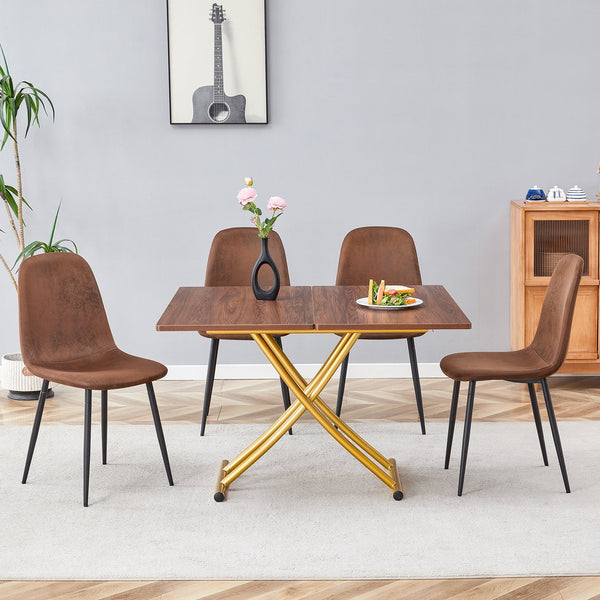 English Elm Table and Chair Set Adjustable Height Mdf Wood Grain Top with 4 Upholstered Seats Brown,Golden W1151S04092