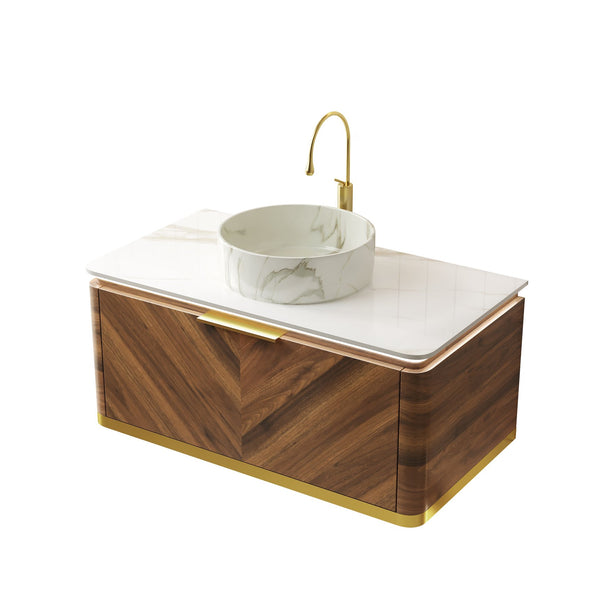 English Elm Dipa 36" Floating Bathroom Vanity With Stone Top, Ceramic Vessel Sink, Led Light & Dark Walnut Finish W2615S00484