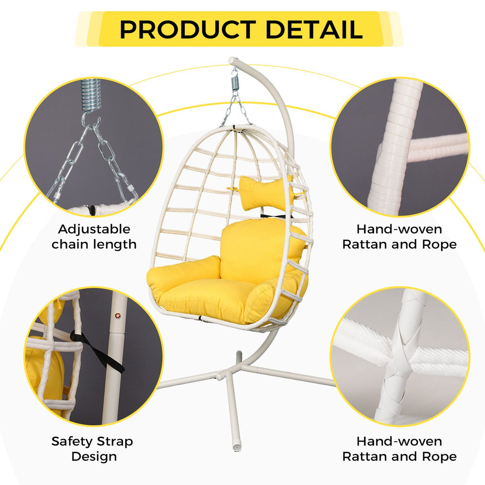 English Elm Egg Hanging Chair with Stand Pe Rattan Swing Seat Washable Cushion Patio Bedroom T5880P497428