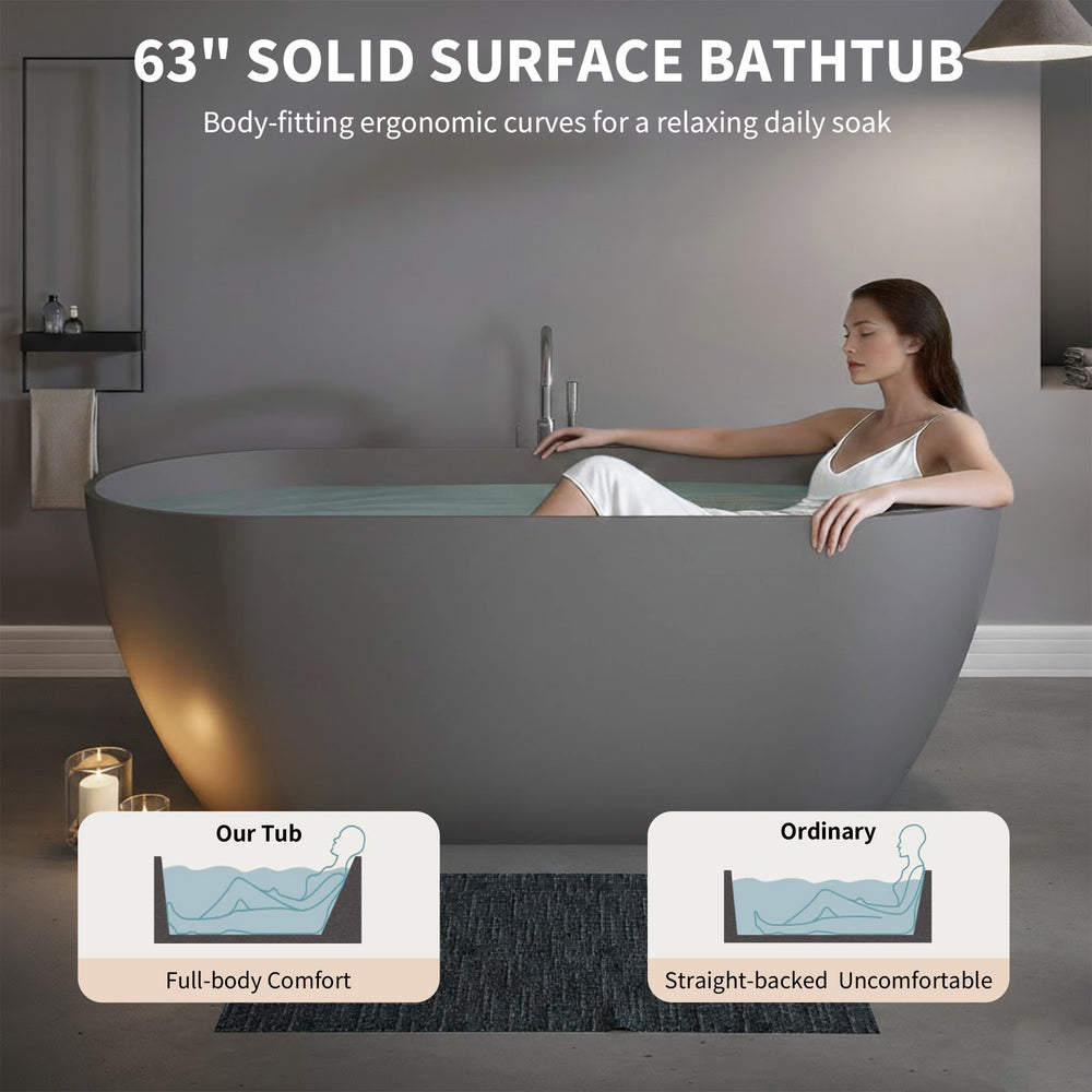 English Elm 63" Stone Resin Freestanding Soaking Tub Matte Sculpted Surface for Spa Bathroom W1920P410083