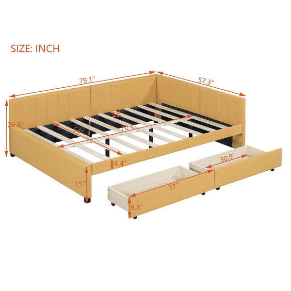 English Elm Full Size Linen Upholstered Daybed with Storage Drawers Sofa Bed for Guest Rooms Yellow LP000172AAL-1
