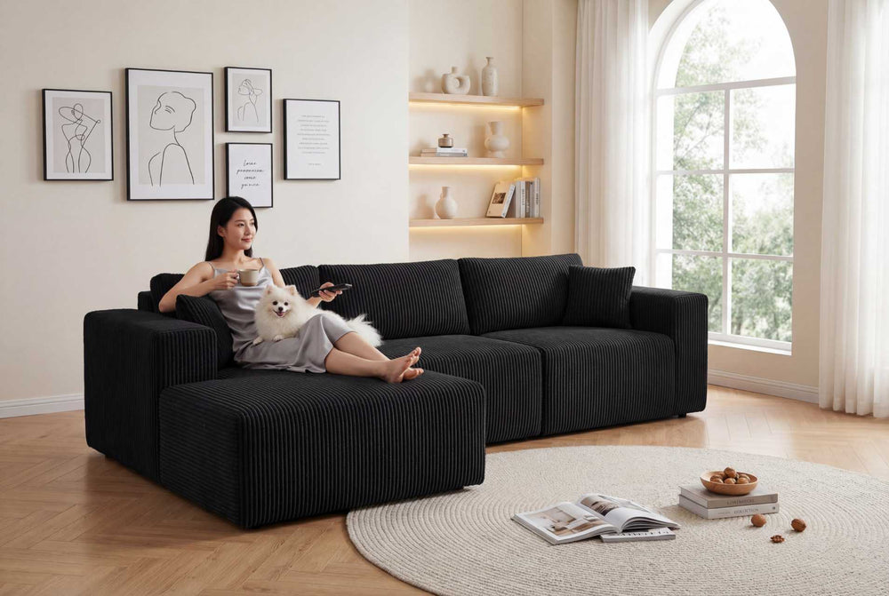 English Elm Modular Cloud Sectional with Deep Lounge Seat Corduroy Upholstered L-shape Living Room Sofa W1919S00006