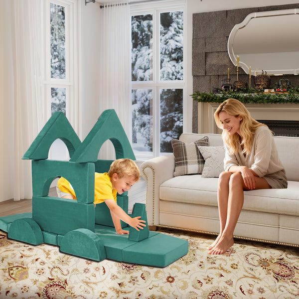 English Elm 15pcs Modular Toddler Play Couch Set Velvet Foam Fort Building Playroom Seating Green T5880P493417