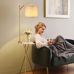 English Elm Floor Lamp with Built-in Side Table Usb Charging Remote Dimming for Living Room Golden W3355P440807