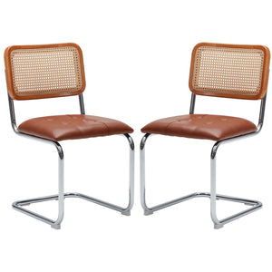 English Elm Kitchen Mid-Century Dining Chairs Set of 2 with Rattan Backrest, Cantilever Aluminum Legs, 300lb Capacity Brown PU T3623P408464