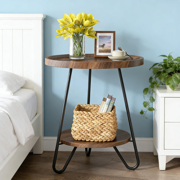 English Elm Chic Two-tier Round End Table with Metal Frame and Open Shelf for Living Room T3971P449208