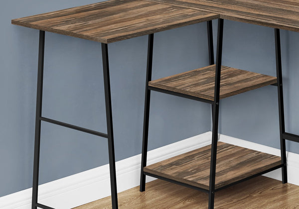 English Elm Computer Desk, L-Shaped Corner Design For Home Office, Modern Brown Laminate With Black Metal Legs B2710P221283