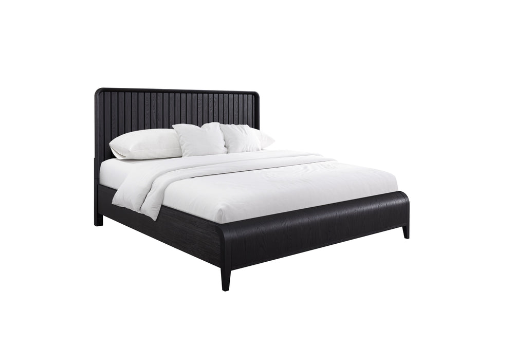 English Elm Queen Waterfall Panel Bed with Channel Headboard, Elm Veneer Peppercorn Finish, Solid Wood Craftsmanship B2699S00046