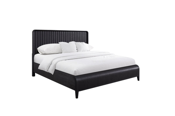 English Elm Queen Waterfall Panel Bed with Channel Headboard, Elm Veneer Peppercorn Finish, Solid Wood Craftsmanship B2699S00046