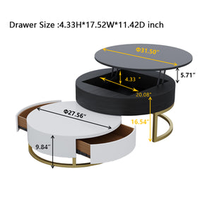 English Elm Dolce Round Lift-Top Wood Coffee Table with Convertible Heights and Sturdy Iron Frame, Modern Chic Black White B341S00041