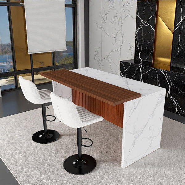 English Elm 63" Modern Kitchen Island Set With 2 Beige Bar Stools, White Marble Look, Led Lighting & Grill Design W2699S00074