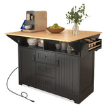 English Elm K&K 55.7'' Large Kitchen Island With 2 Drop Leaf,, Rolling Kitchen Cart On 5 Wheels With Power Outlet, Folding Storage Dining Table With Spice & Towel Rack , 3 Drawers, For Kitchen, Dining Room,Black