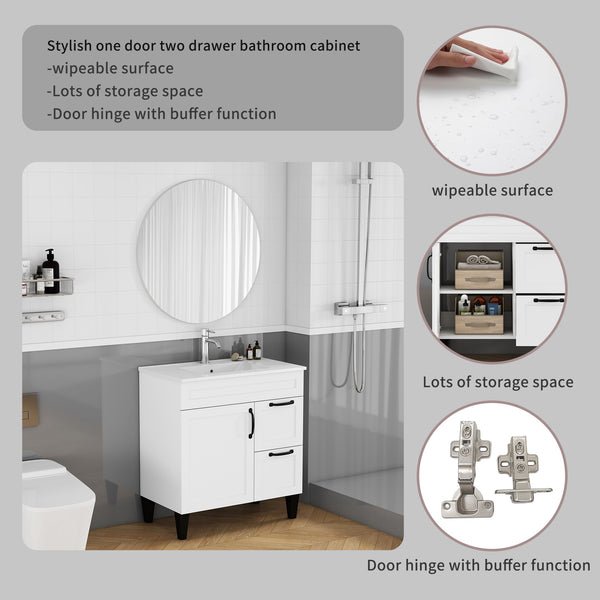 English Elm 31.5-inch Modern Bathroom Vanity with Integrated Ceramic Basin, Soft-Close Drawers, Black Accents White 35.04 L x 22.05 W x 7.68 H W3151S00061