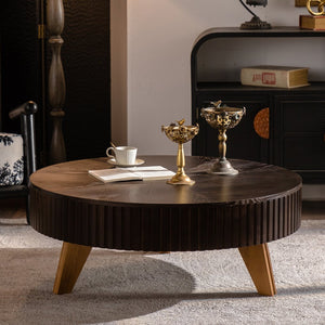 English Elm 39.37" Round Retro Coffee Table with Storage Mdf Top Solid Wood Legs Living Room W757P379484