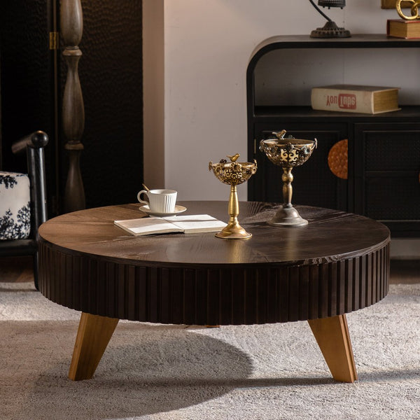 English Elm 39.37" Round Retro Coffee Table with Storage Mdf Top Solid Wood Legs Living Room W757P379484