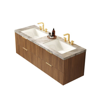English Elm ELIO 60" Wall-Mounted Double Basin Vanity with Sintered Stone Top, Oak Veneer Drawers, Preassembled W2615P279351