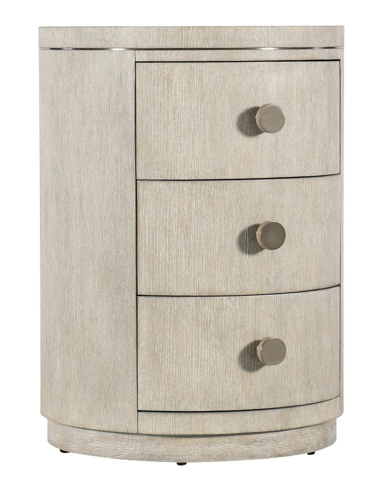 Hooker Furniture Modern Mood Round Nightstand With Diamond Oak Veneer, Pewter Accents & Leather Knobs, 3 Drawers Elegance Light Brown 6850-90315-80