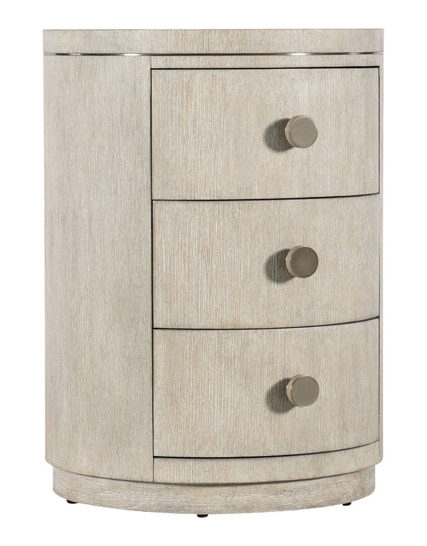 Hooker Furniture Modern Mood Round Nightstand With Diamond Oak Veneer, Pewter Accents & Leather Knobs, 3 Drawers Elegance Light Brown 6850-90315-80