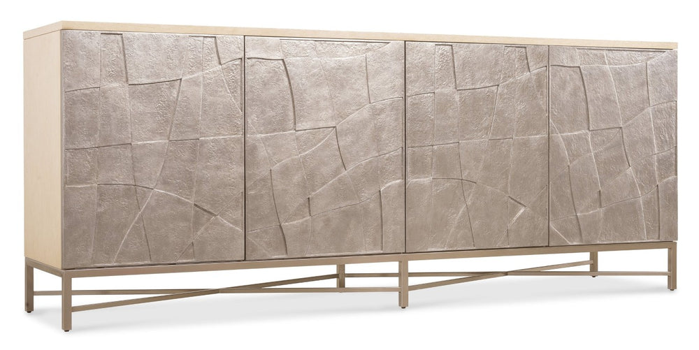 Hooker Furniture Westwood Polished Limestone Credenza With Venetian Dawn Silver‑Leaf Doors, Media‑Ready Storage & Metal Base 6133-55490-80